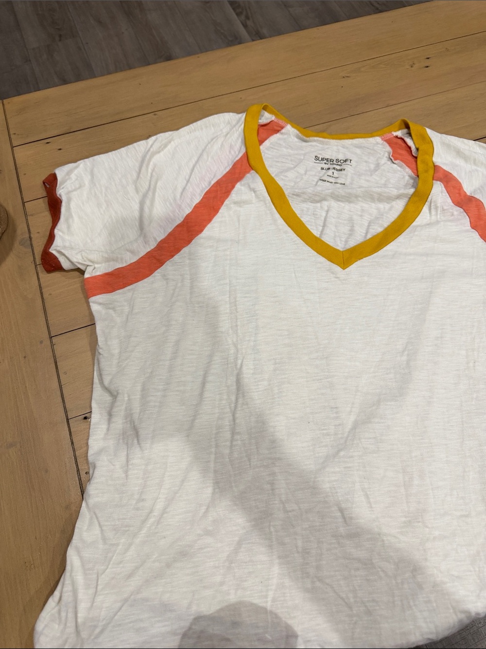 torrid White Tee with Yellow Trim and Coral Raglan Accents